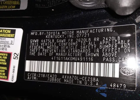 2021 Toyota Camry Se from USA, damaged, VIN 4T1G11AK0MU491116